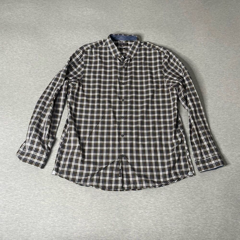 Michael Kors Men’s Green Blue Plaid Slim Fit Button-Up Dress Shirt